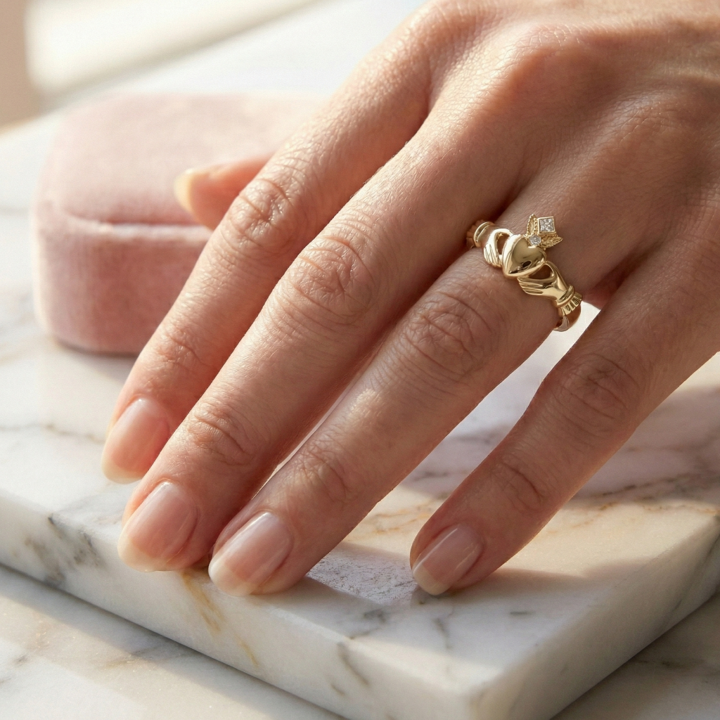 Hand wearing a gold claddagh ring on a marble surface