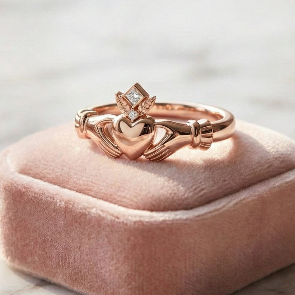 Rose gold claddagh ring with heart design on a pink cushion