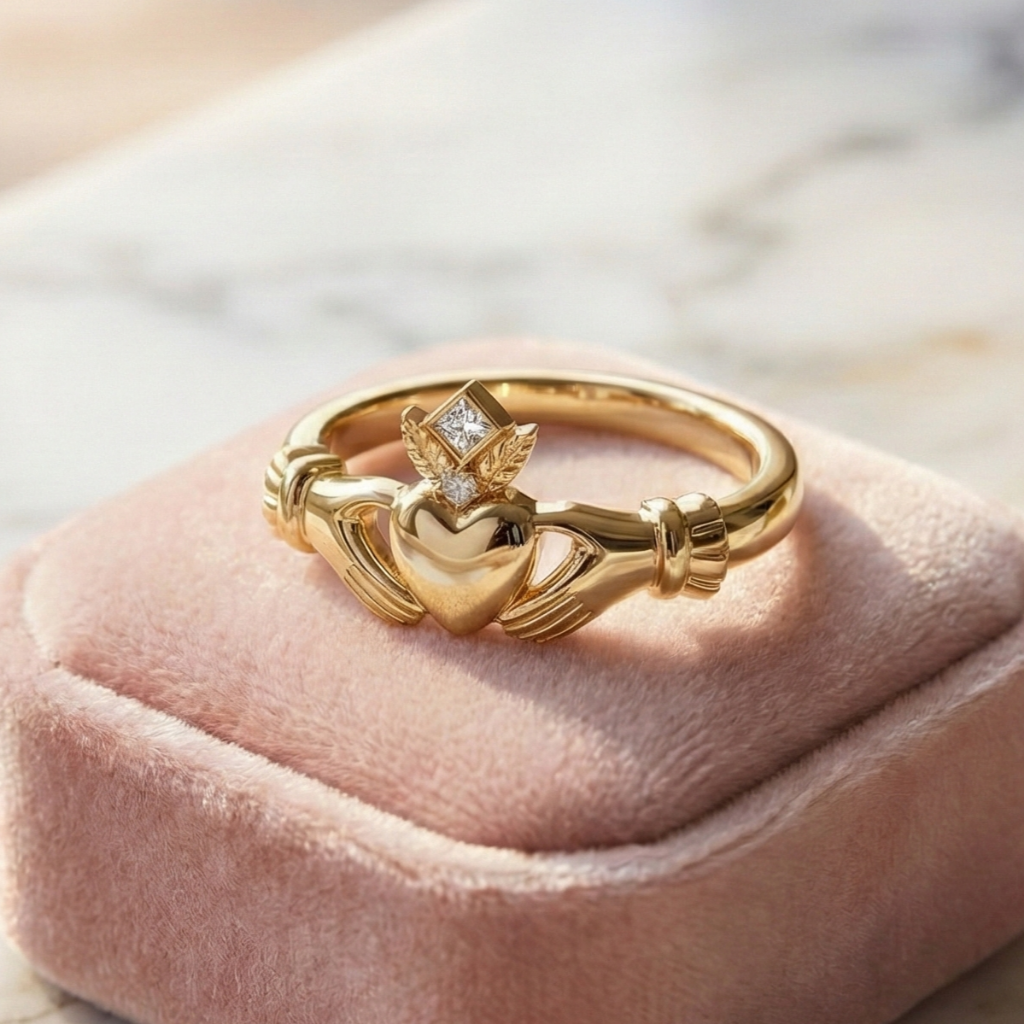 Gold claddagh ring with a diamond on a pink cushion