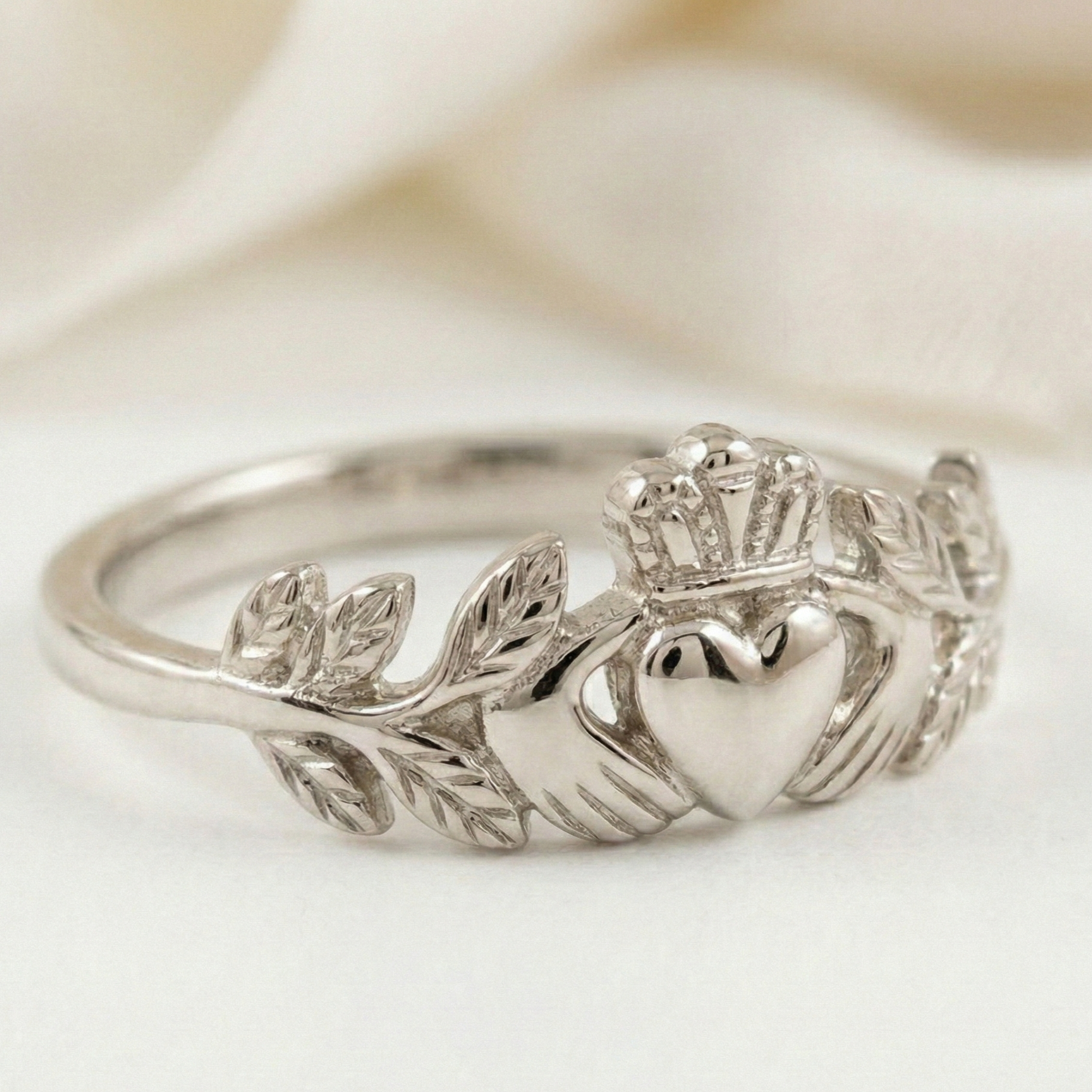 laurel leaf white gold claddagh ring