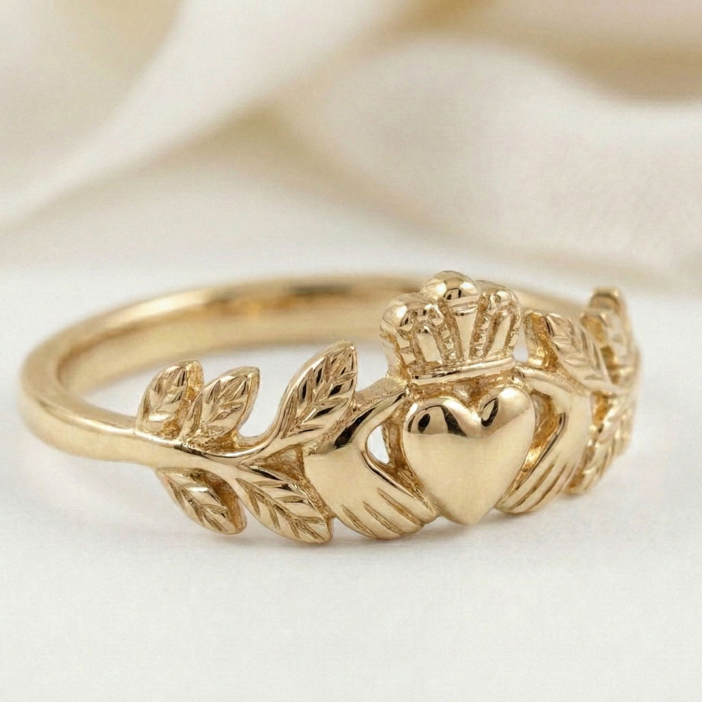 laurel leaf white gold claddagh ring