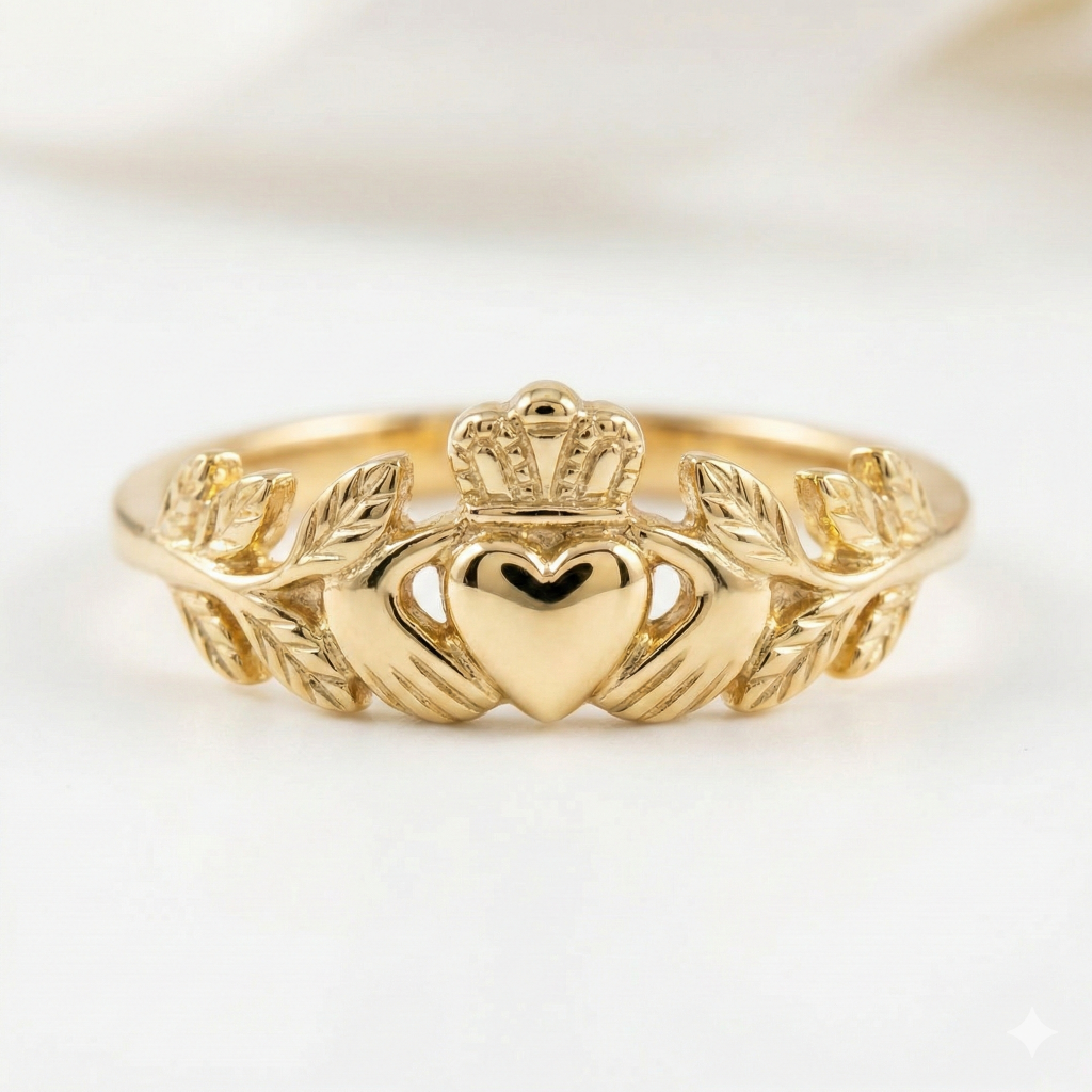Gold Claddagh ring on a light background