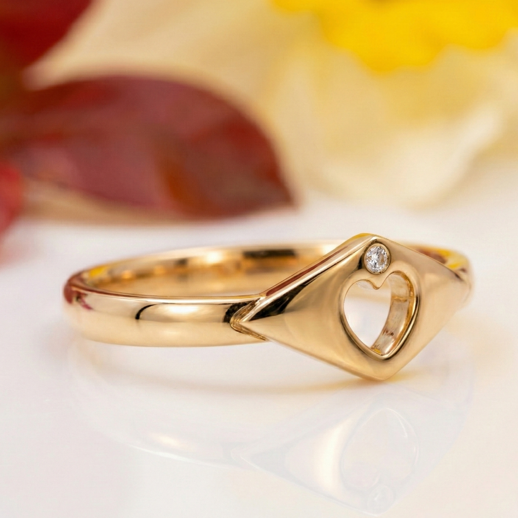 Gold modern Claddagh ring with heart design and diamond on a white surface with blurred background