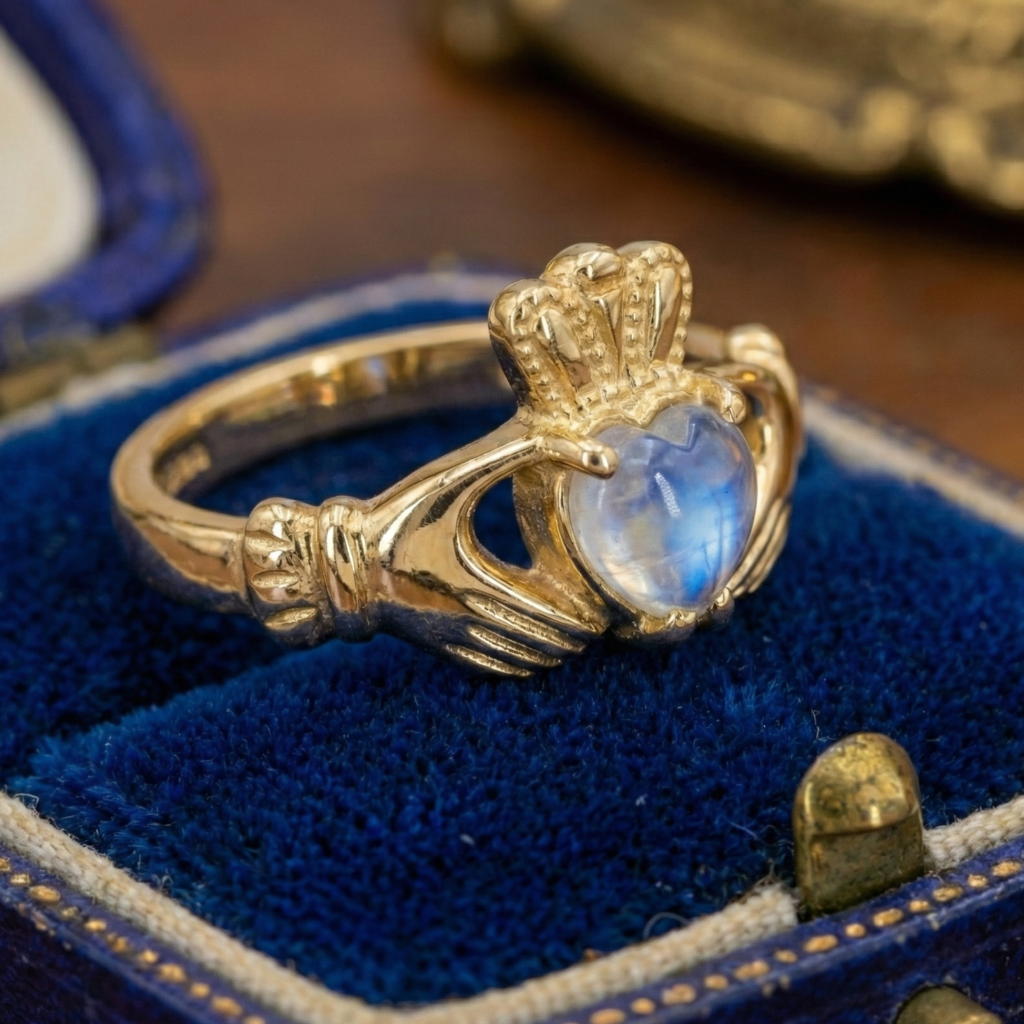 moonstone claddagh ring yellow gold