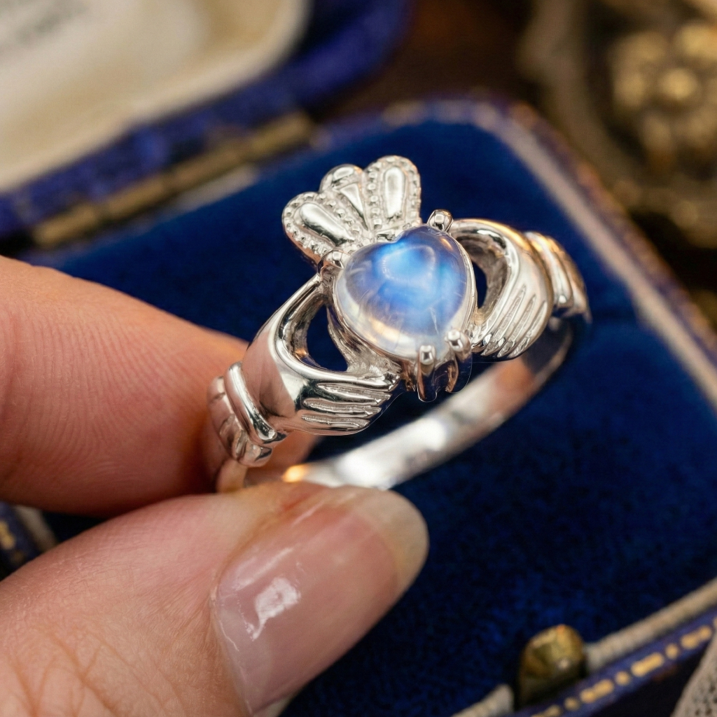 Silver Claddagh ring with a heart-shaped moonstone held by a hand against a blue jewelry box.