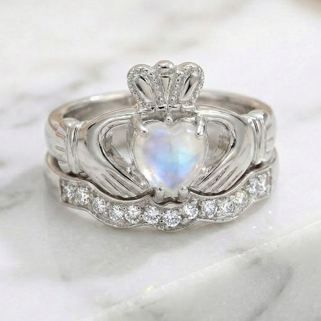 Silver claddagh ring with heart-shaped moonstone gemstone on a marble surface