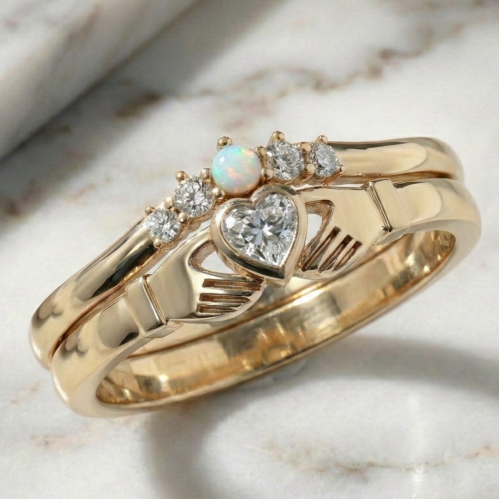 Gold claddagh ring with heart-shaped diamond and opal stone on a marble surface