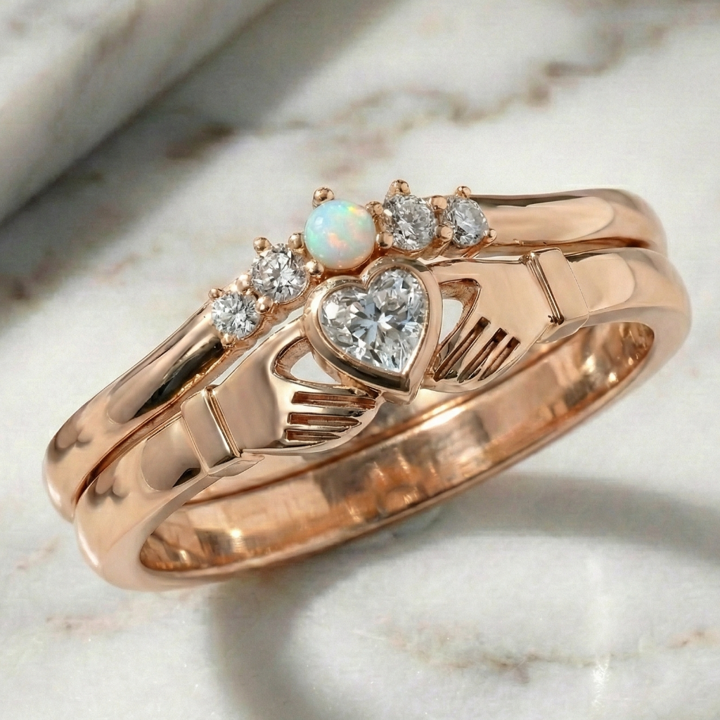 Rose gold Claddagh ring with heart design and gemstones on a marble surface
