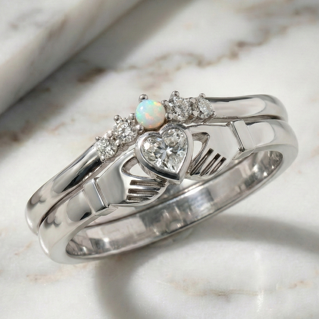 white gold claddagh ring with heart design and opal stone on a marble surface