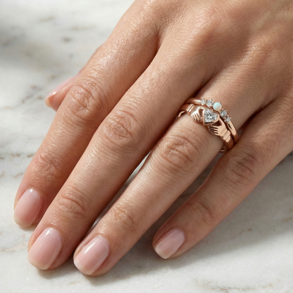 Hand wearing a rose gold Claddagh ring with a diamond on a marble surface