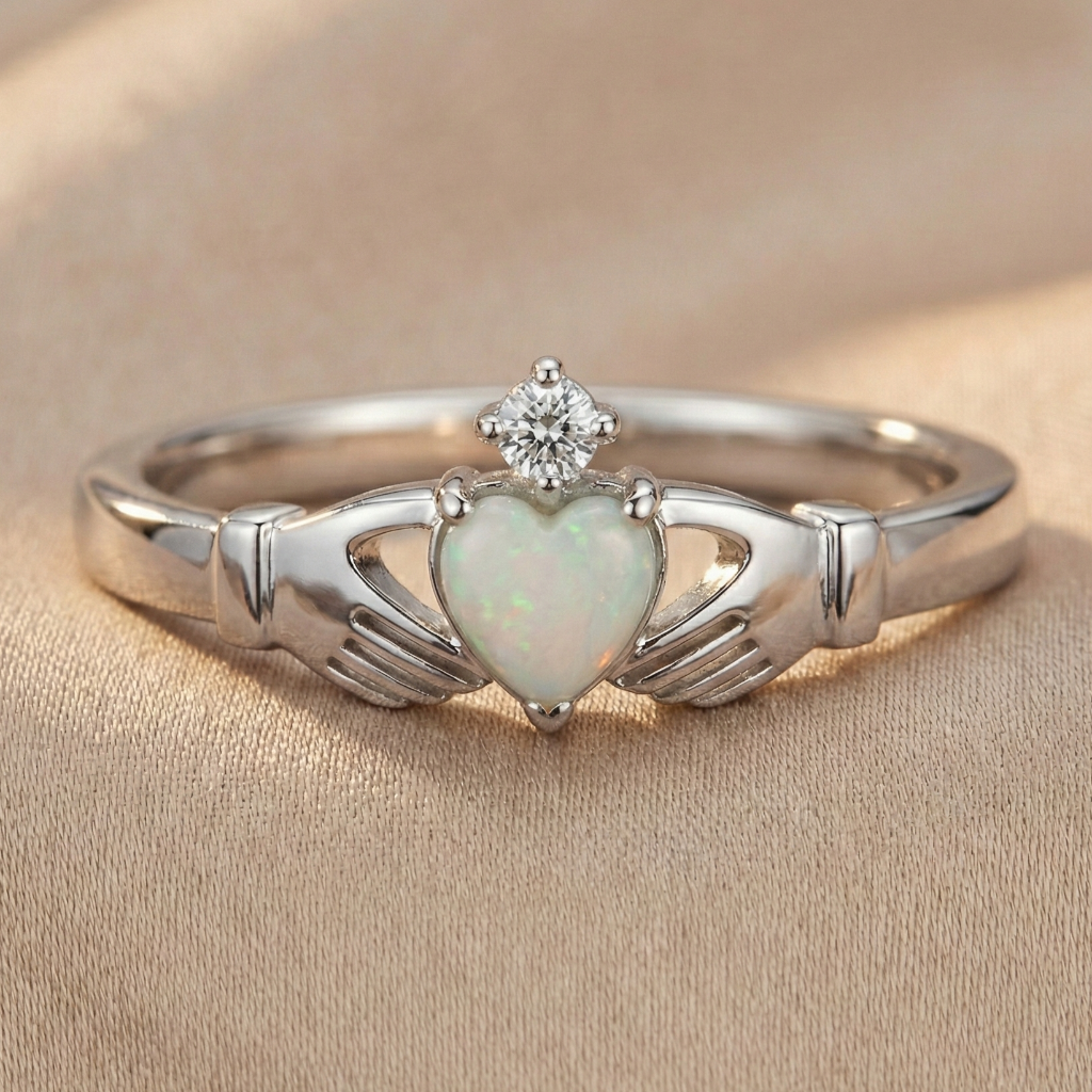 white gold claddagh ring with heart-shaped opal and diamond on beige fabric