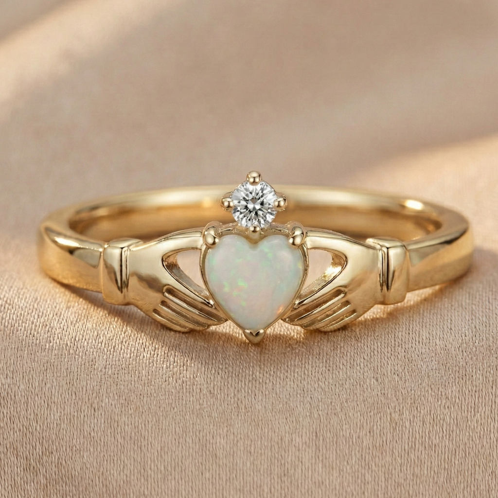 Gold claddagh ring with heart-shaped opal and diamond on a beige background