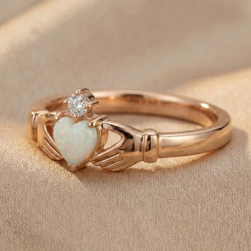 Rose gold claddagh ring with heart-shaped opal and diamond on beige fabric
