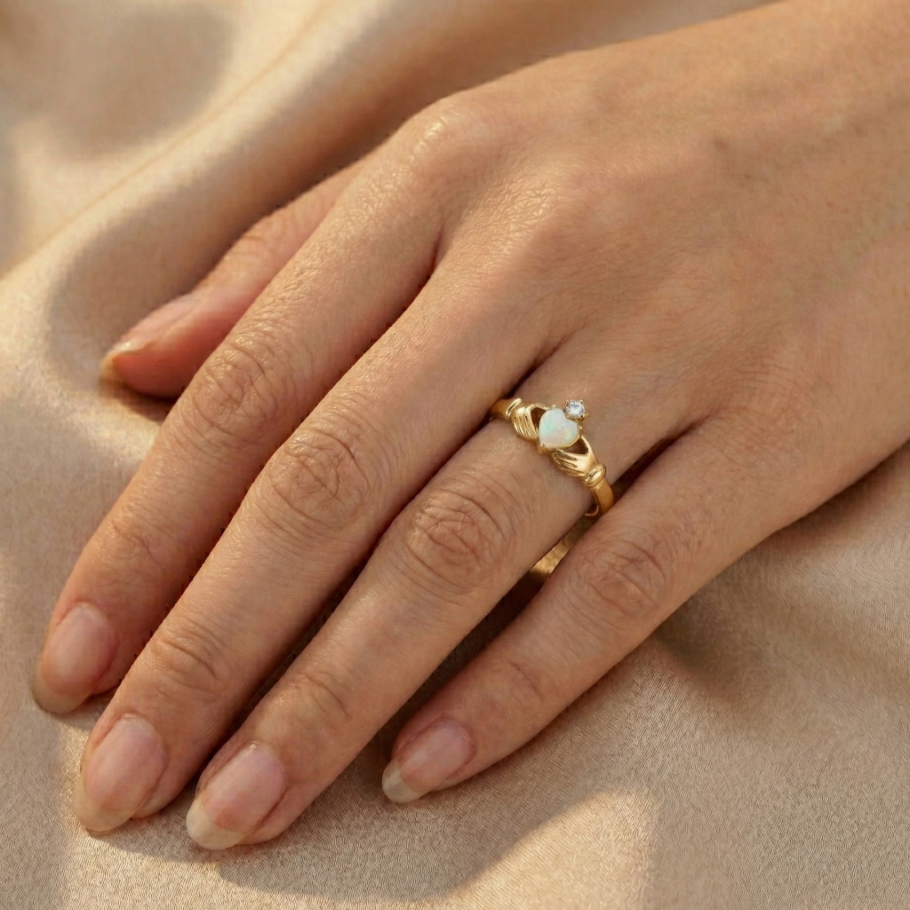 opal and diamond claddagh ring on hand 