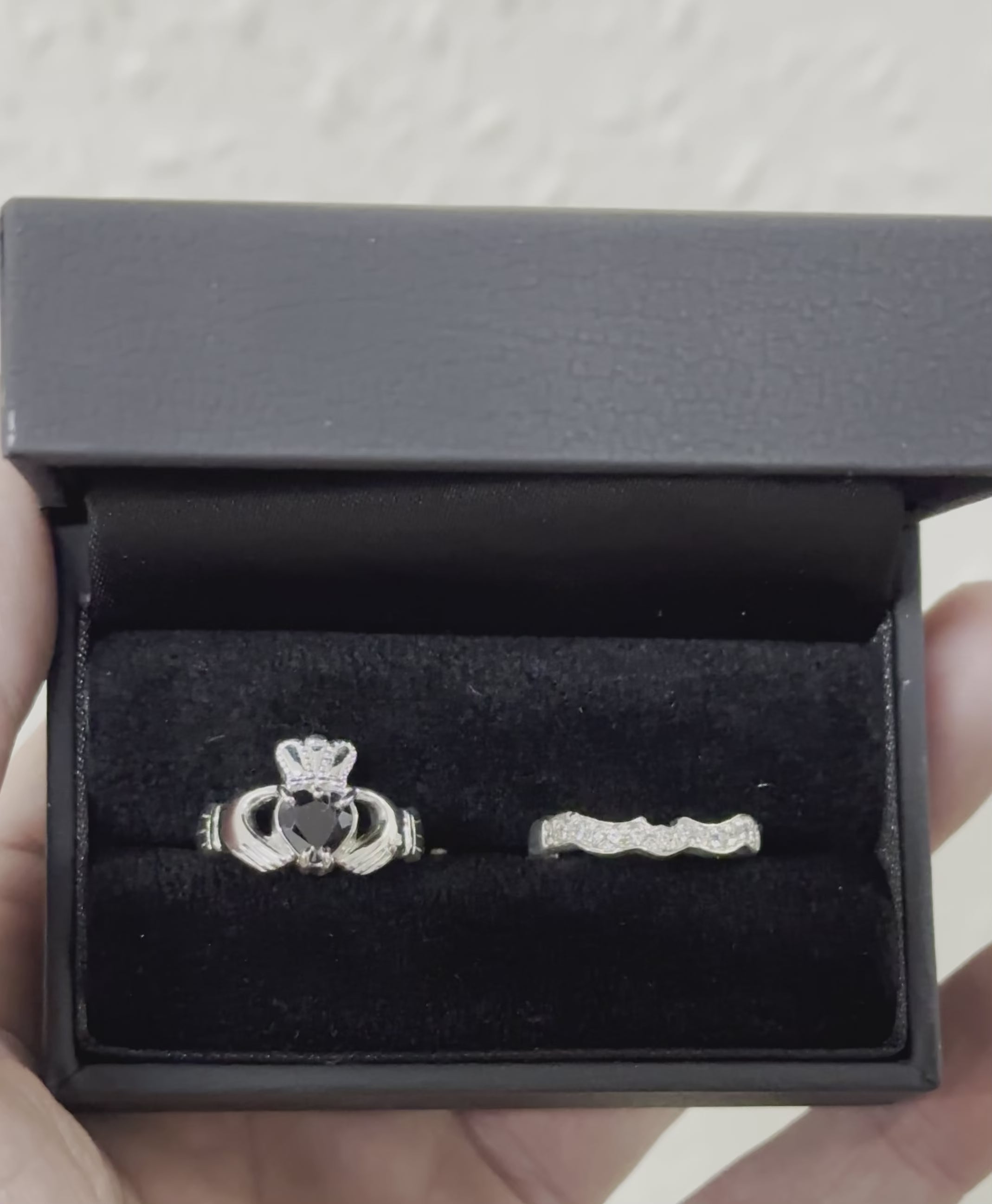 Real black Sapphire gemstone claddagh ring and matching stone set