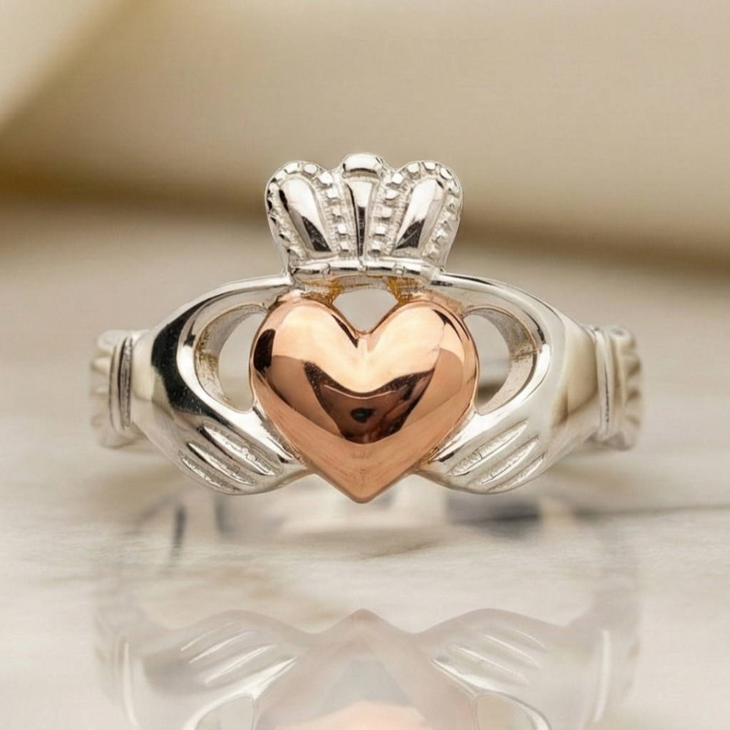 claddagh ring with a rose gold heart on a reflective surface