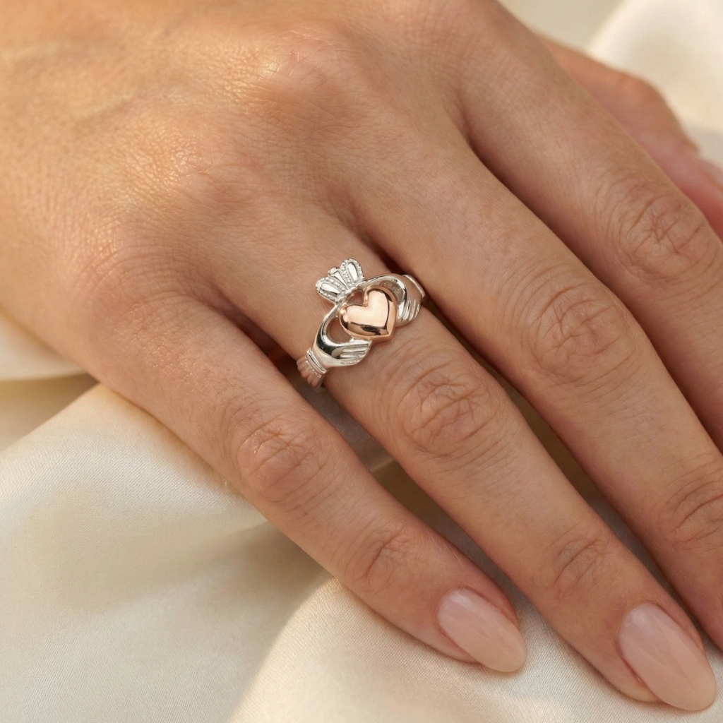 Hand wearing a silver claddagh ring with a heart design on a light background