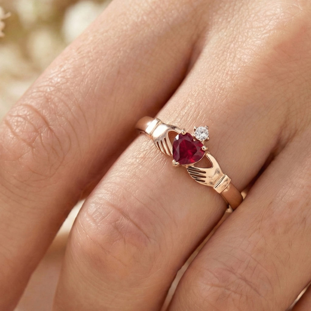 Rose gold claddagh ring with a heart-shaped ruby and diamond on a finger.