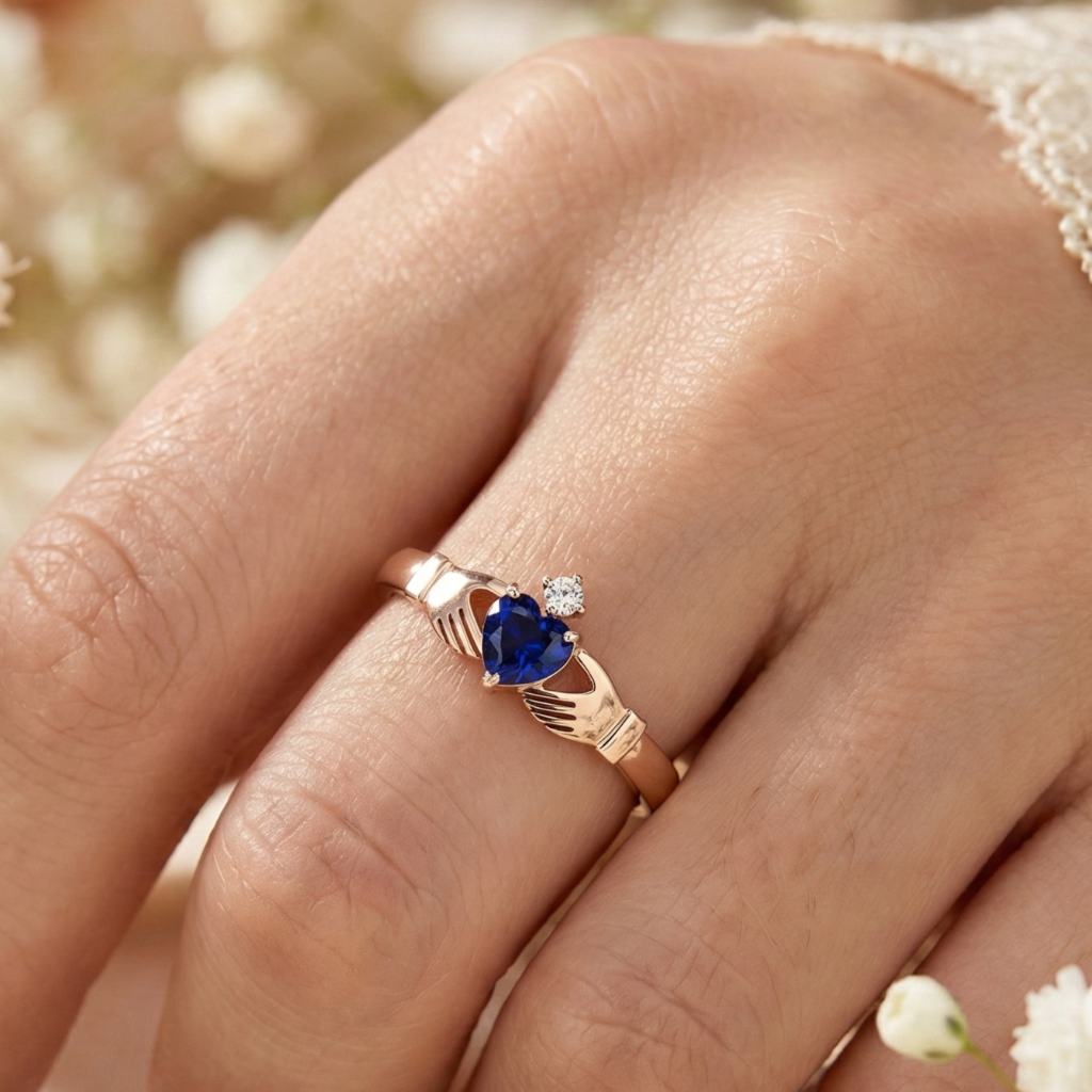 Rose gold claddagh ring with blue gemstone on a hand against a blurred natural background