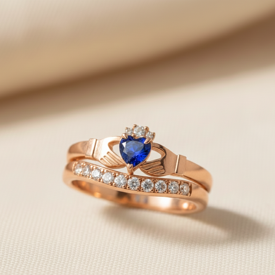 claddagh ring sapphire and diamond rose gold
