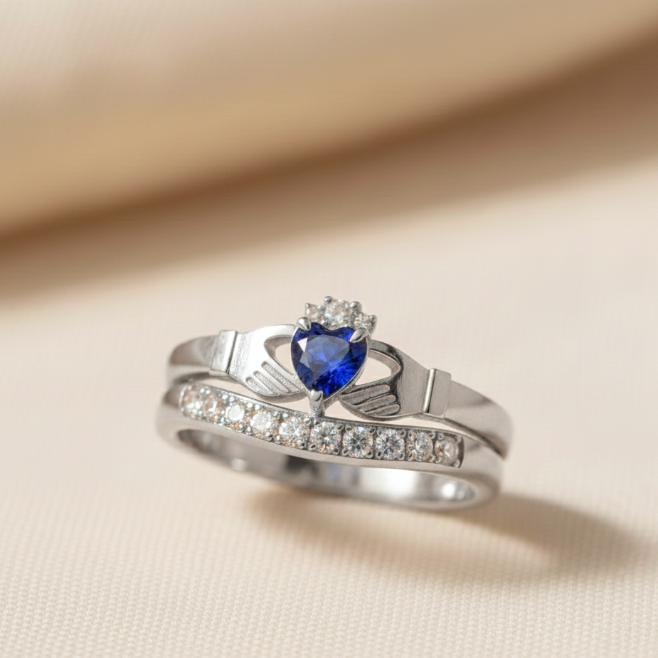 claddagh ring sapphire and diamond white gold