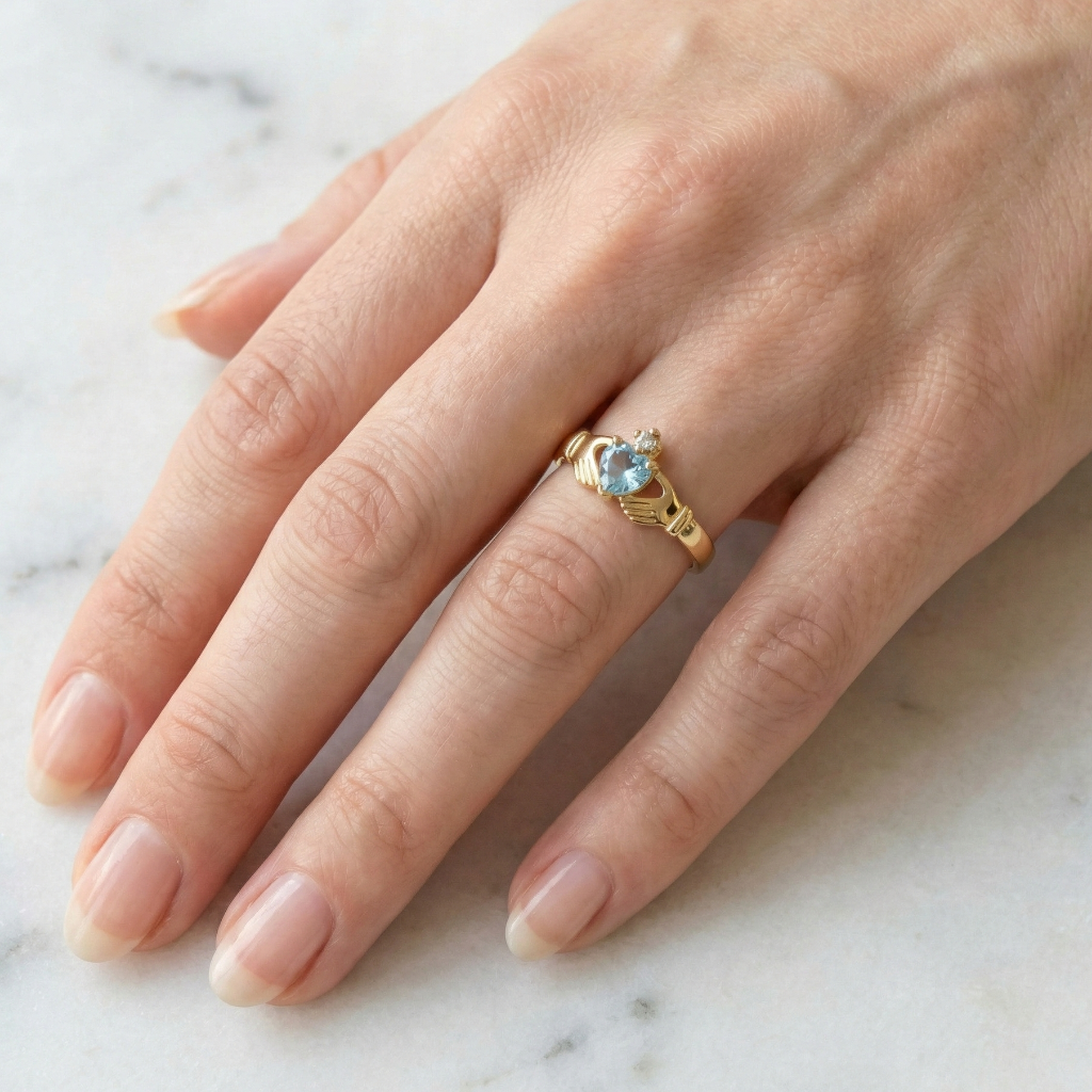 Gold claddagh ring with a blue gemstone on a hand against a marble background