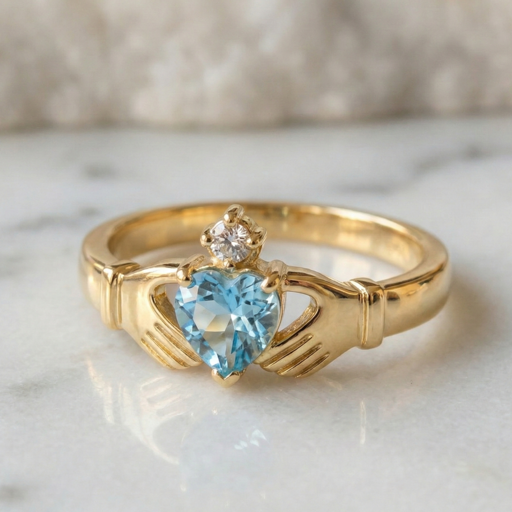 Gold claddagh ring with a heart-shaped blue gemstone and diamond on a marble surface