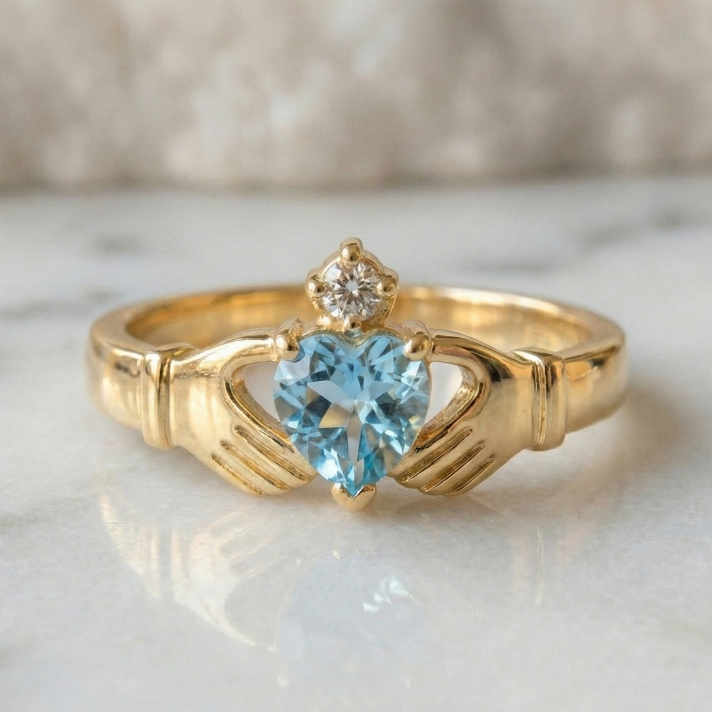 Gold claddagh ring with a blue gemstone on a marble surface