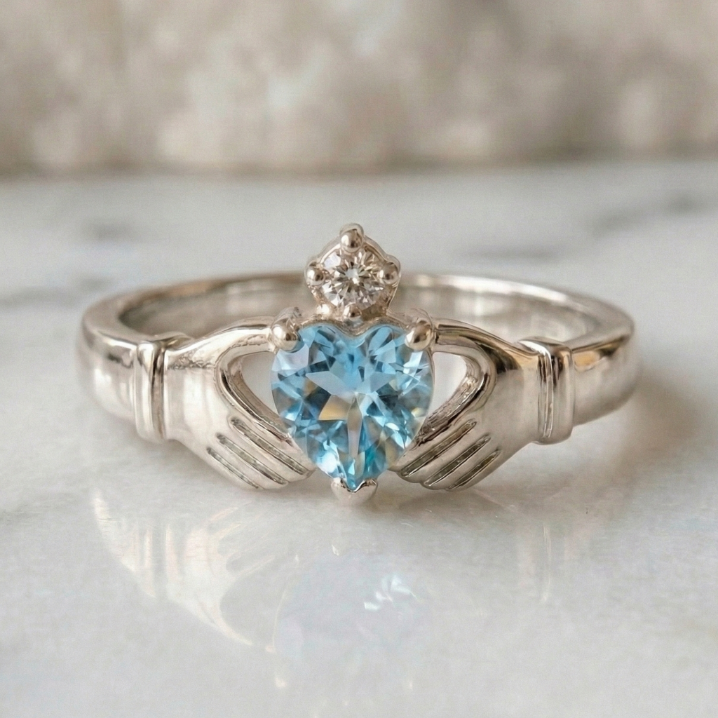 white gold claddagh ring with a blue gemstone on a marble surface