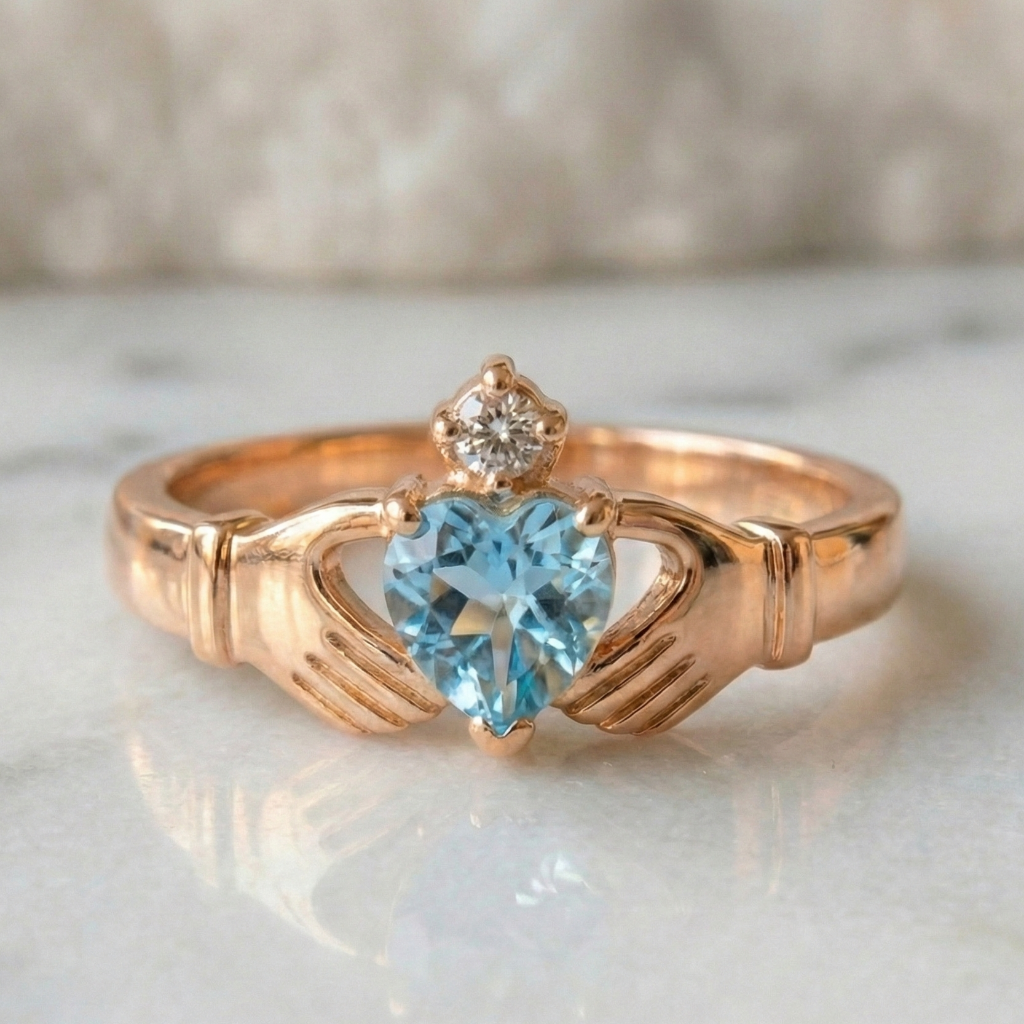 Rose gold cladadgh ring with heart-shaped blue gemstone and diamond on a marble surface