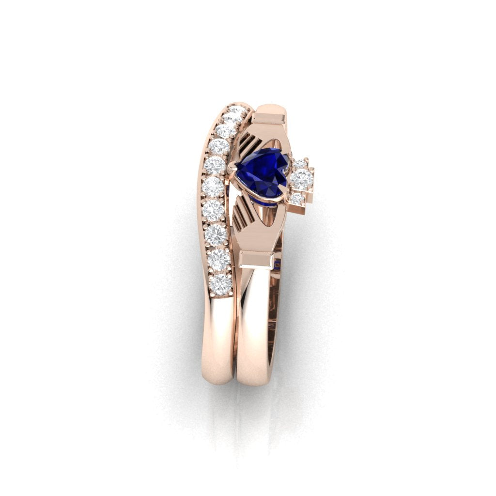 rose gold diamond and sapphire claddagh ring