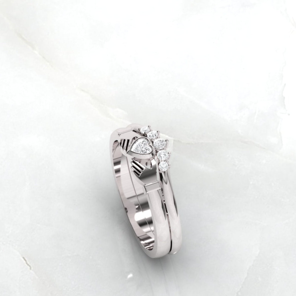 claddagh ring, white gold and diamonds