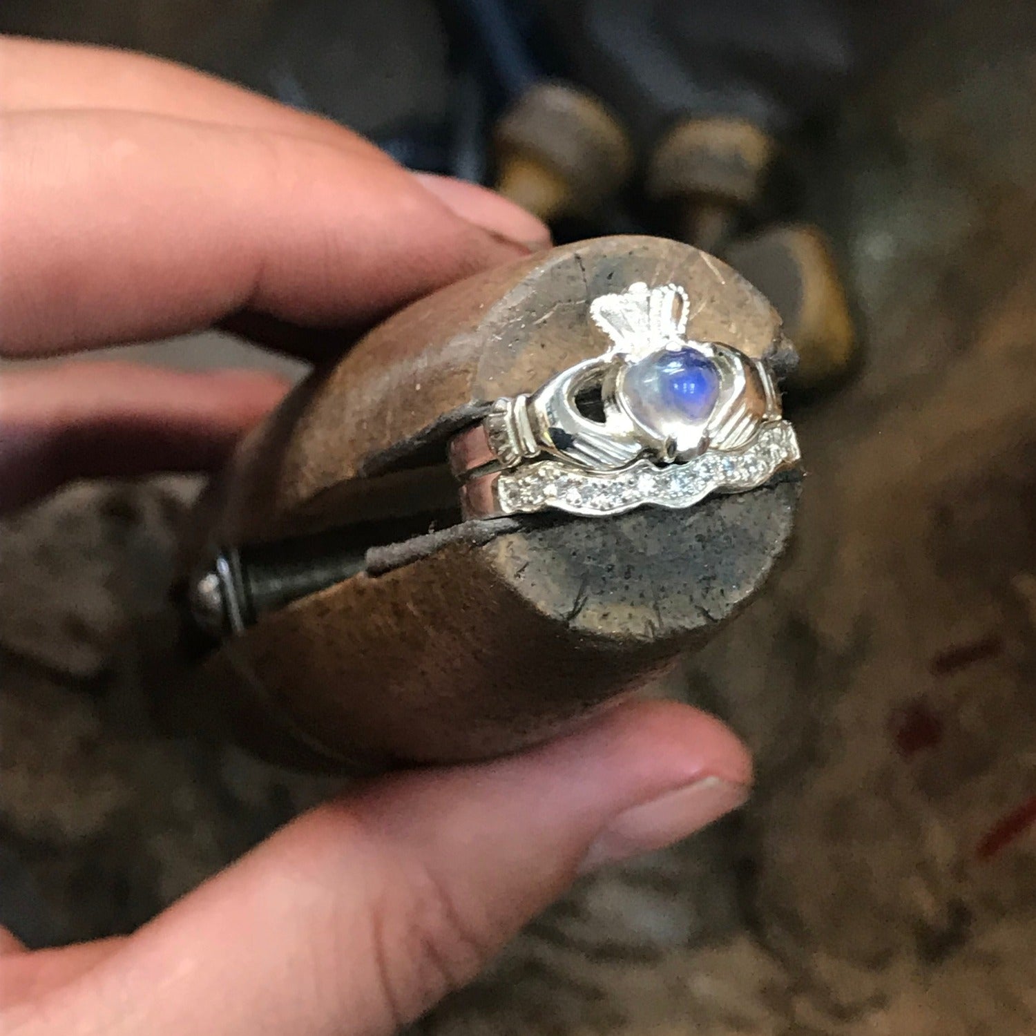 claddagh ring, moonstone in my workshop
