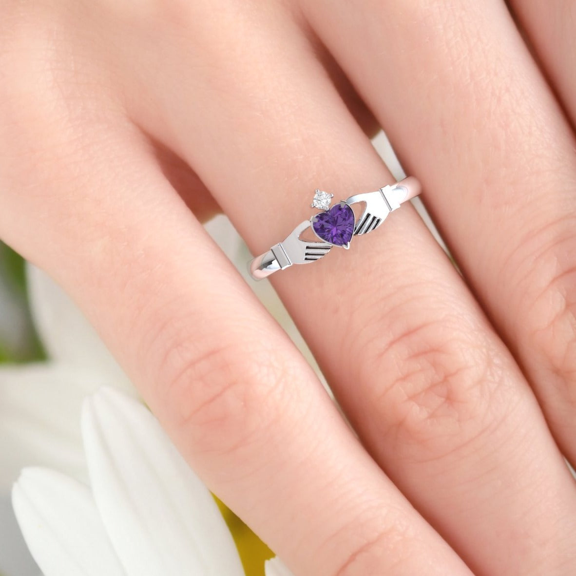 heart ring Irish jewelry claddagh ring with amethyst and diamond