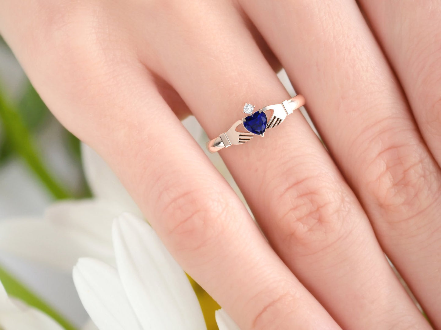 Sapphire and diamond gold claddagh ring