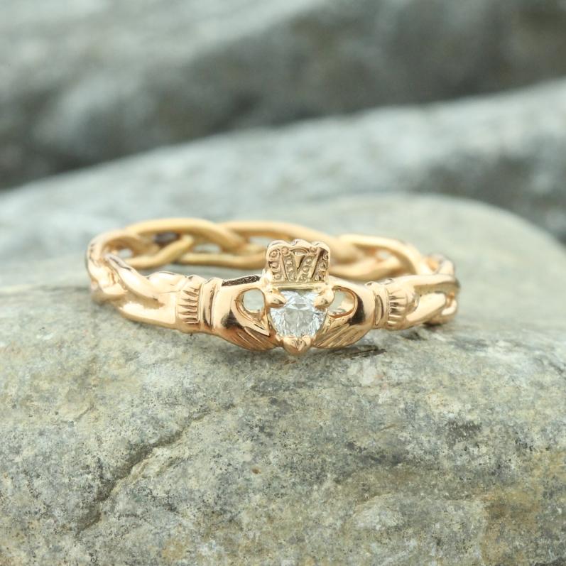 Diamond Claddagh Ring. 14K Rose Gold Heart Shaped Diamond Claddagh.