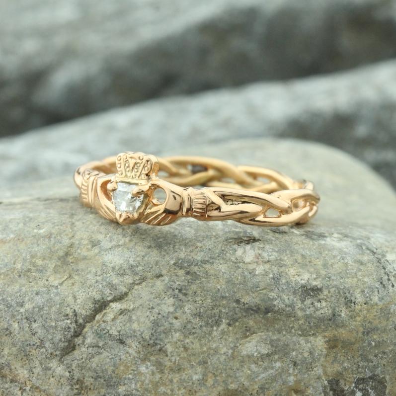 Diamond Claddagh Ring. 14K Rose Gold Heart Shaped Diamond Claddagh.