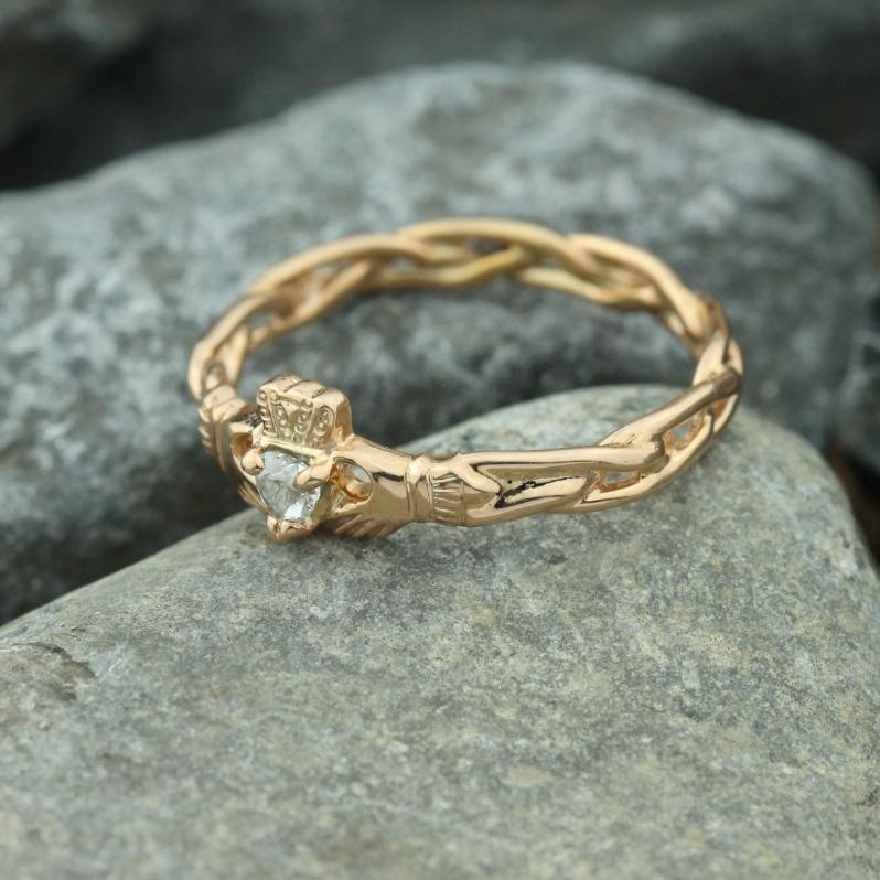 Diamond Claddagh Ring. 14K Rose Gold Heart Shaped Diamond Claddagh.