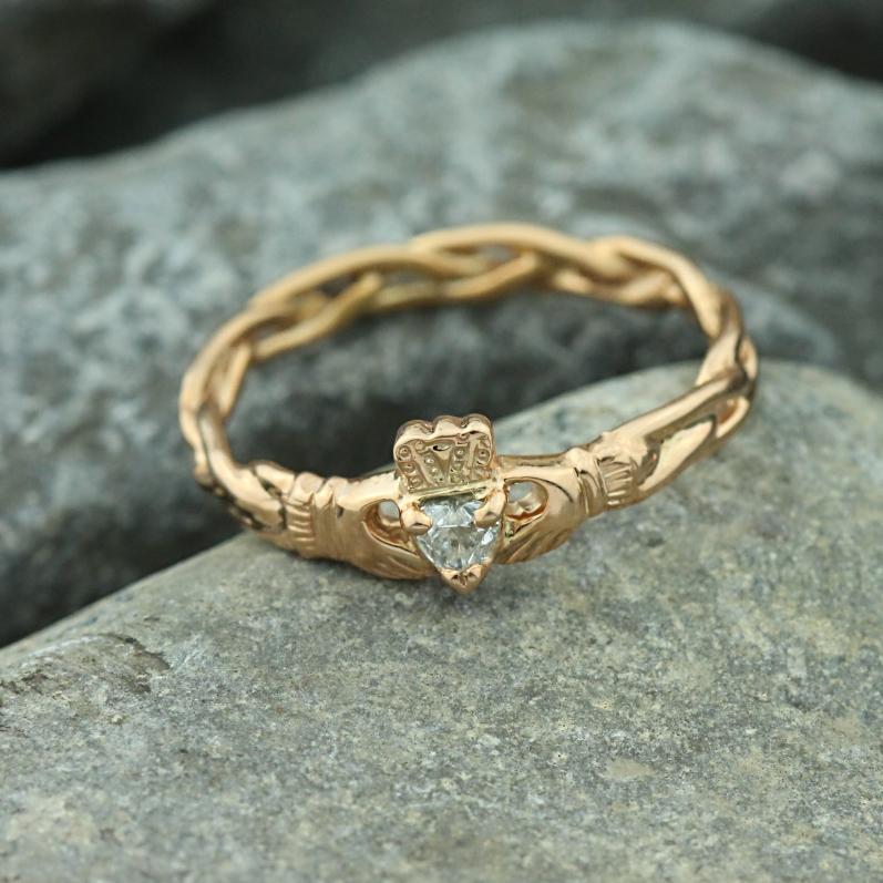 Diamond Claddagh Ring. 14K Rose Gold Heart Shaped Diamond Claddagh.