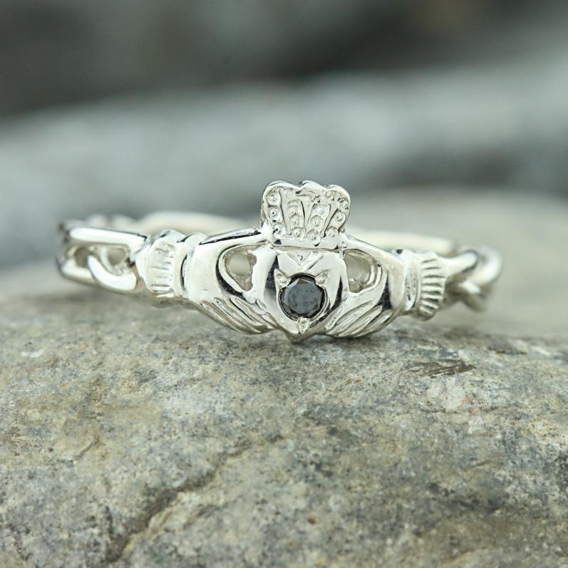 claddagh ring. Irish ring with a black diamond. Heart ring