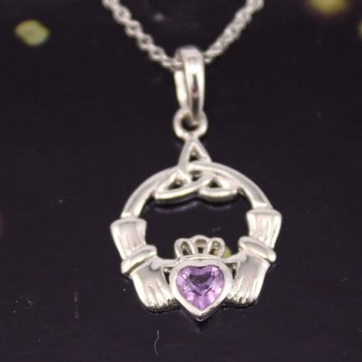 Jewelry - Claddagh Necklace, Silver Irish  Amethyst Celtic Necklace