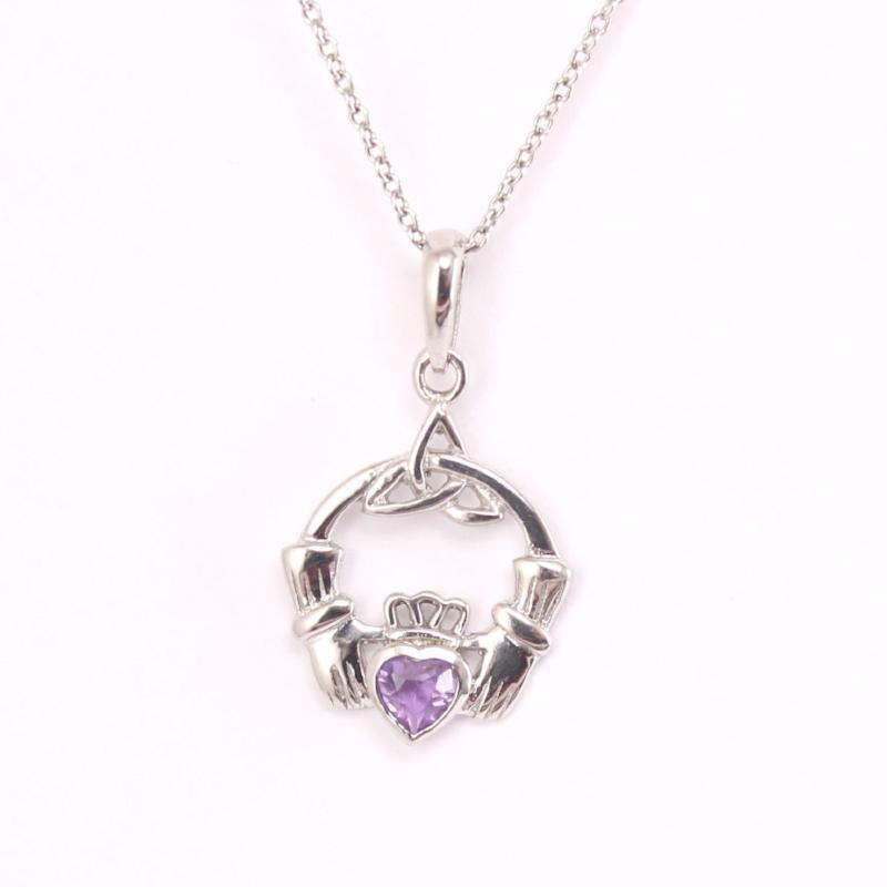 Jewelry - Claddagh Necklace, Silver Irish  Amethyst Celtic Necklace