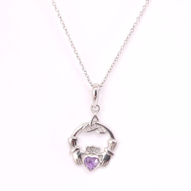 Jewelry - Claddagh Necklace, Silver Irish  Amethyst Celtic Necklace