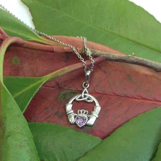 Jewelry - Claddagh Necklace, Silver Irish  Amethyst Celtic Necklace