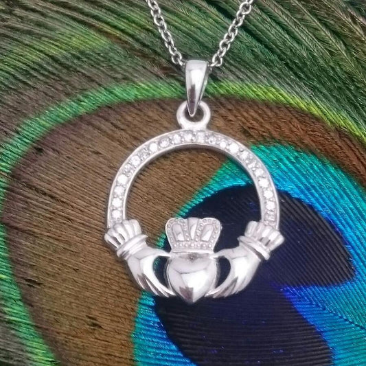 Jewelry - Claddagh Necklace, Silver Irish Celtic Claddagh Necklace With Sparkling Stones.