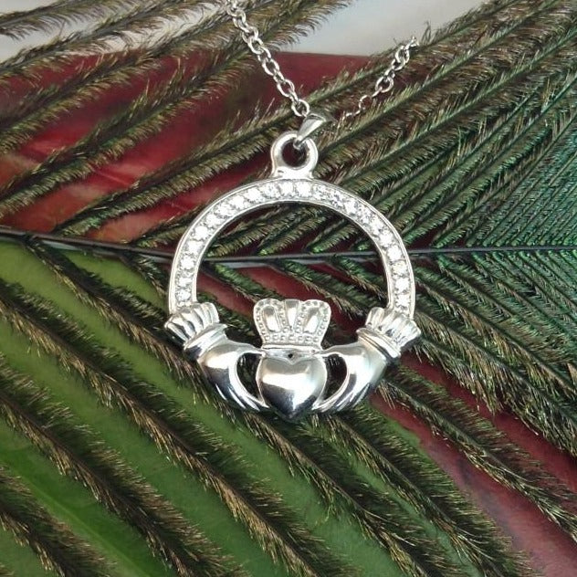 Jewelry - Claddagh Necklace, Silver Irish Celtic Claddagh Necklace With Sparkling Stones.