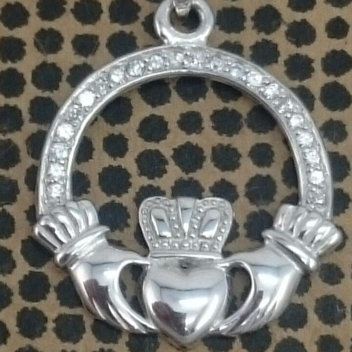 Jewelry - Claddagh Necklace, Silver Irish Celtic Claddagh Necklace With Sparkling Stones.