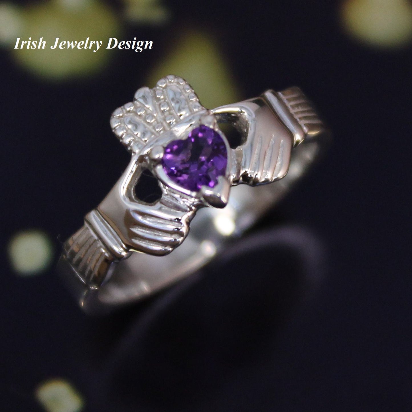 Jewelry - Claddagh Ring, Ladies Claddagh Ring, Set With Real Natural Amethyst Gemstone.