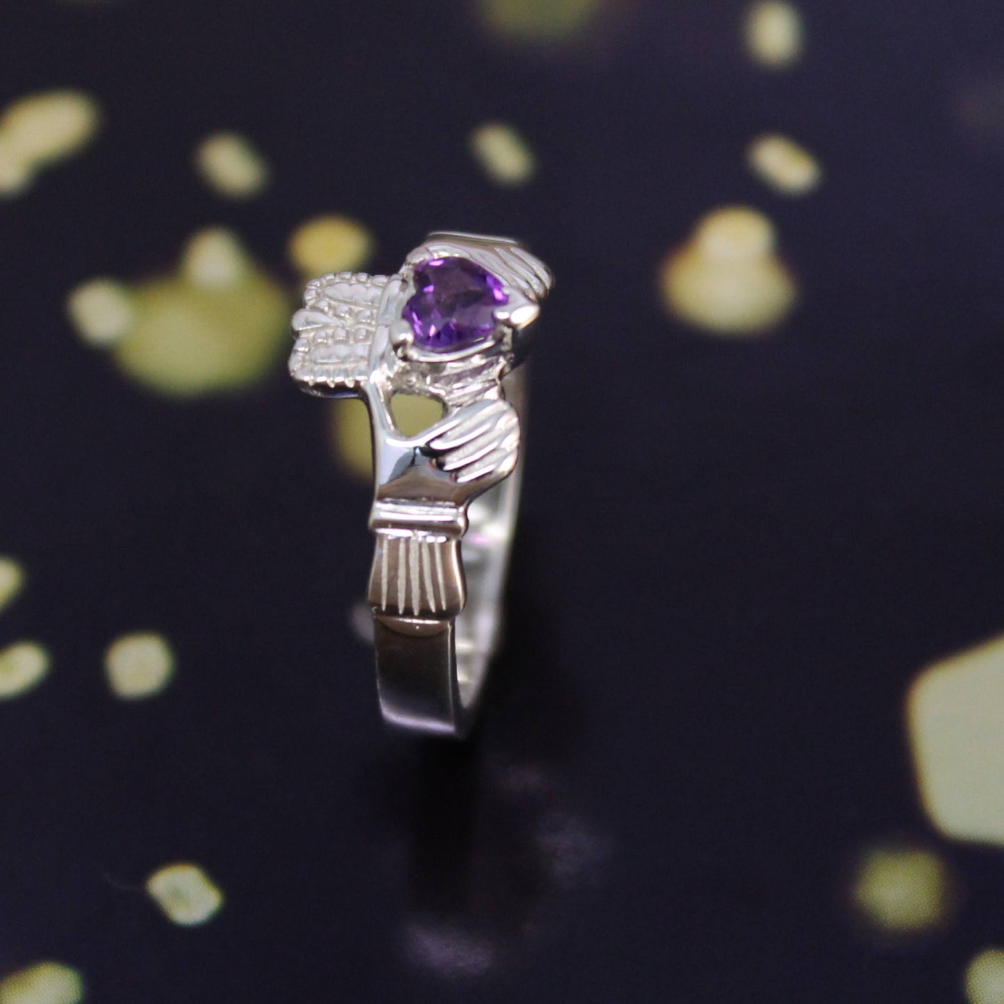 Jewelry - Claddagh Ring, Ladies Claddagh Ring, Set With Real Natural Amethyst Gemstone.