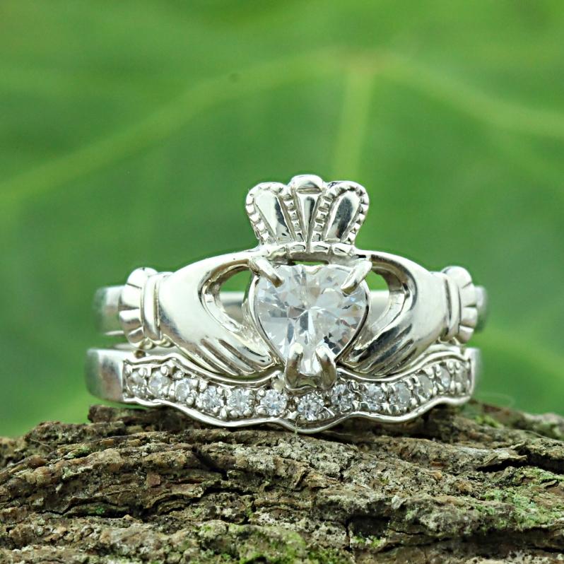 Jewelry - Cubic Zirconia Claddagh Ring And Matching Stone Set Band.